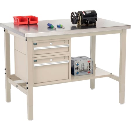 Global Industrial 48inW x 30inD Production Workbench, SS Square Edge with Drawers & Shelf, Tan 319286TN